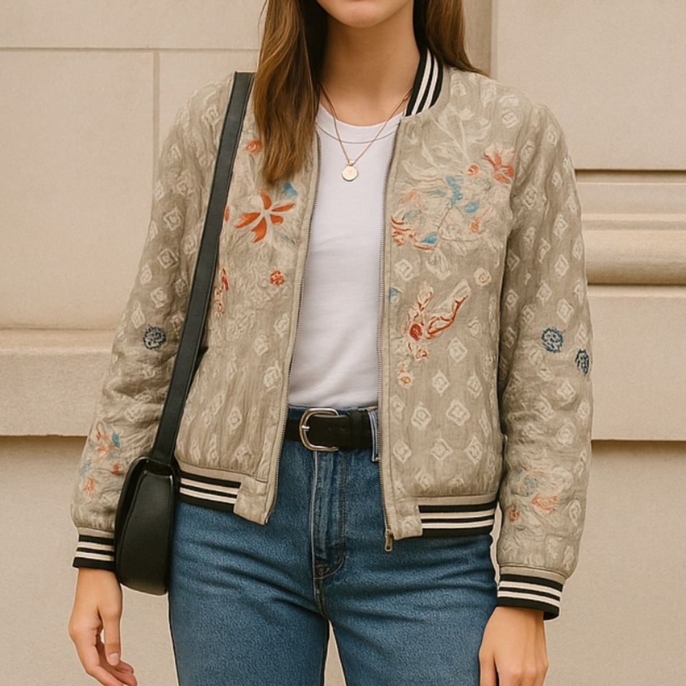 Johnny Was Floral Embroidered Reversible Bomber Jacket